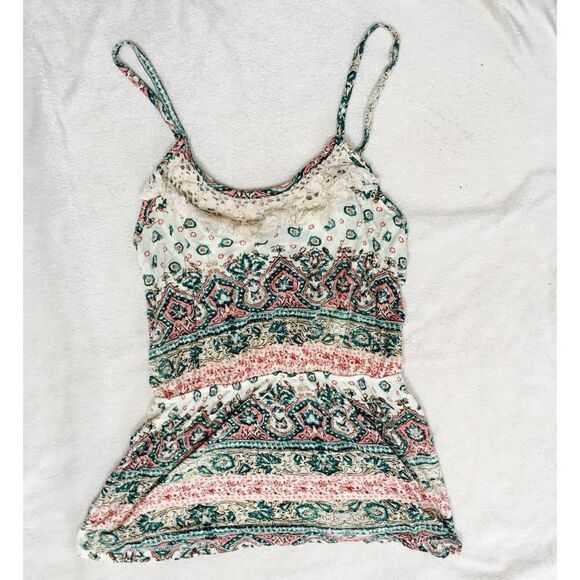 Rue 21 teal, coral, and cream lace detail boho tank | Sz S - Picture 2 of 5